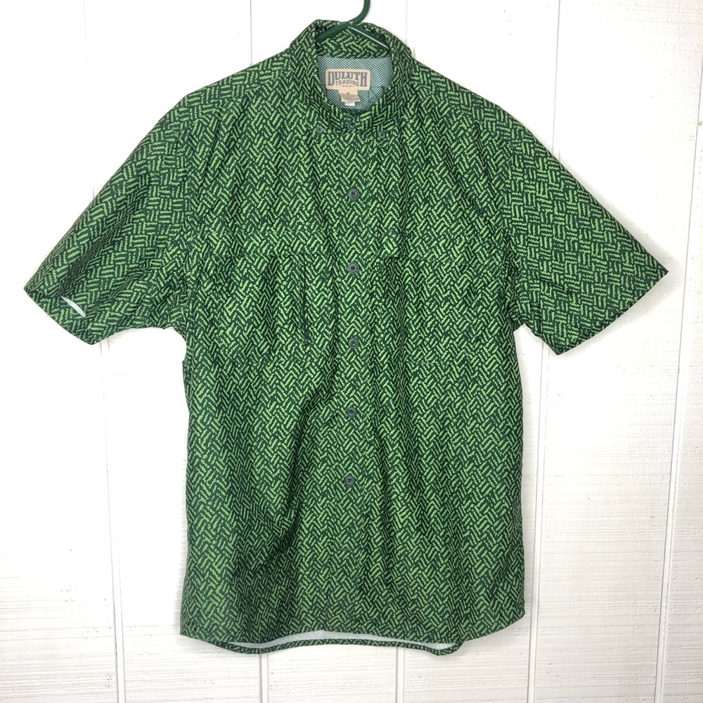 Duluth Trading Co green pattered button up shirt